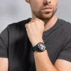 Herren Chronograph Quarz Leder schwarz