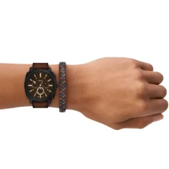 Set Herren Chronogaph/Armband "MACHINE" Quarz Leder braun