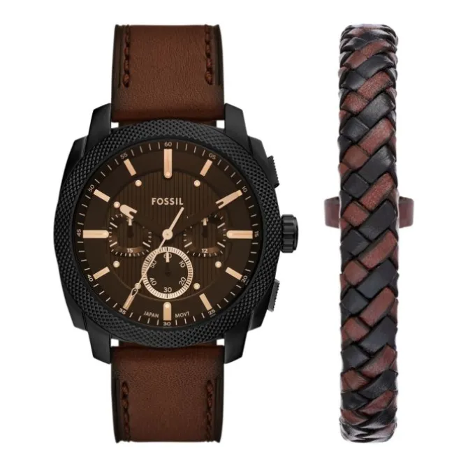 Set Herren Chronogaph/Armband "MACHINE" Quarz Leder braun